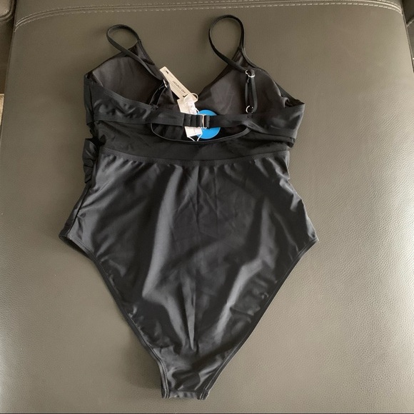 NEW Black Solid Mesh Wrap Front Cutout One Piece Swimsuit Size Large - Picture 8 of 10